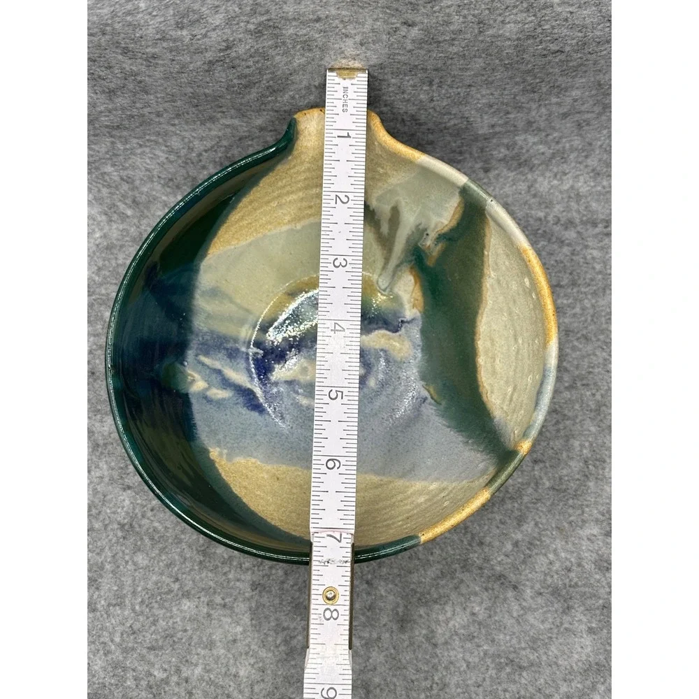 Handmade Studio Pottery Batter Bowl Green Blue Drip Glaze Signed Spout Handle